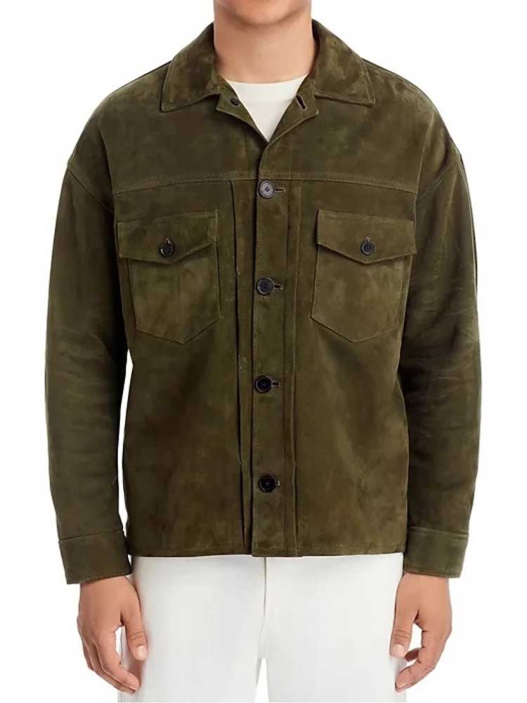 Green Suede Leather Jacket with Shirt Collar