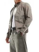 Load image into Gallery viewer, Grey Suede Leather Jacket with Band Collar
