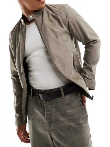 Grey Suede Leather Jacket with Band Collar