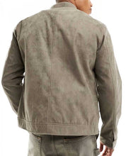 Load image into Gallery viewer, Grey Suede Leather Jacket with Band Collar
