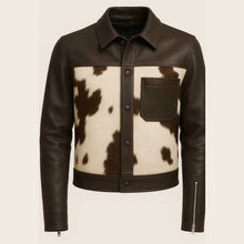 Load image into Gallery viewer, Hairon Dark Brown and White Cowhide Leather Western Jacket for Men
