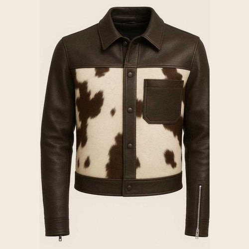 Hairon Dark Brown and White Cowhide Leather Western Jacket for Men