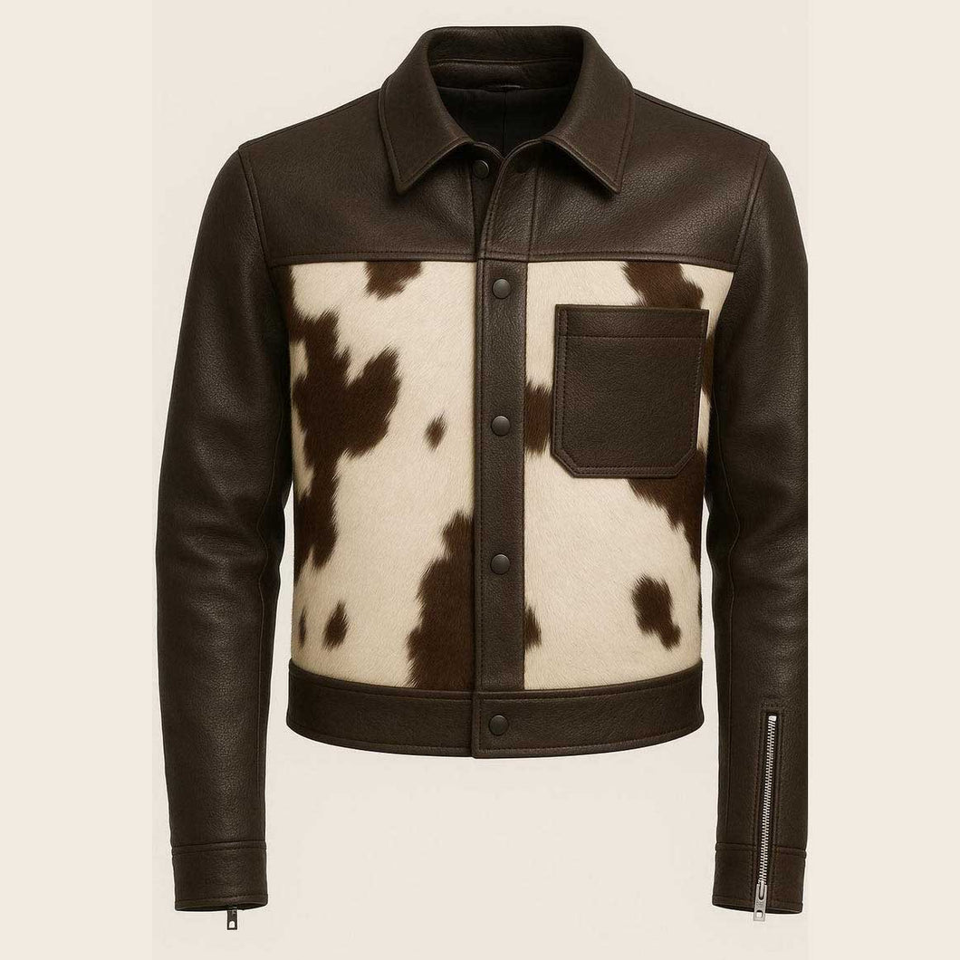 Hairon Dark Brown and White Cowhide Leather Western Jacket for Men