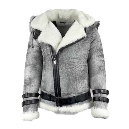 Handmade Grey Shearling Bomber Jacket