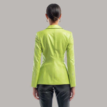 Load image into Gallery viewer, Double Breasted Lime Green Leather Blazer for Women
