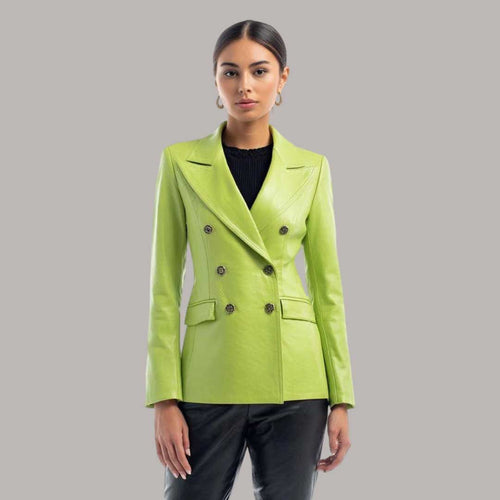 Double Breasted Lime Green Leather Blazer for Women