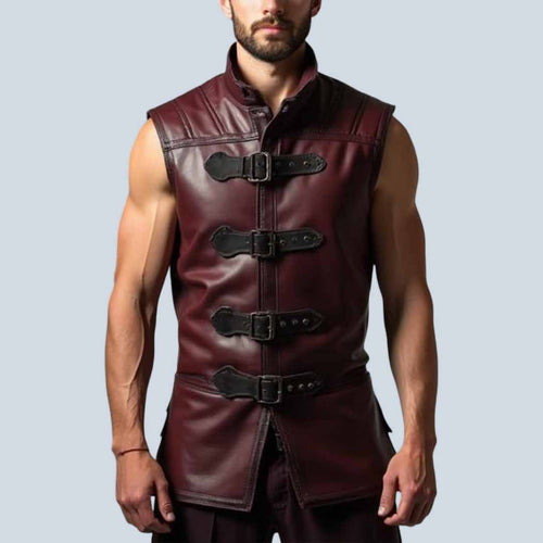 Men Black Leather Renaissance Gothic Trench Vest
