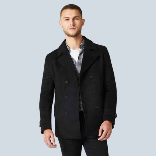 Men Black Wool Blend Navy Peacoat