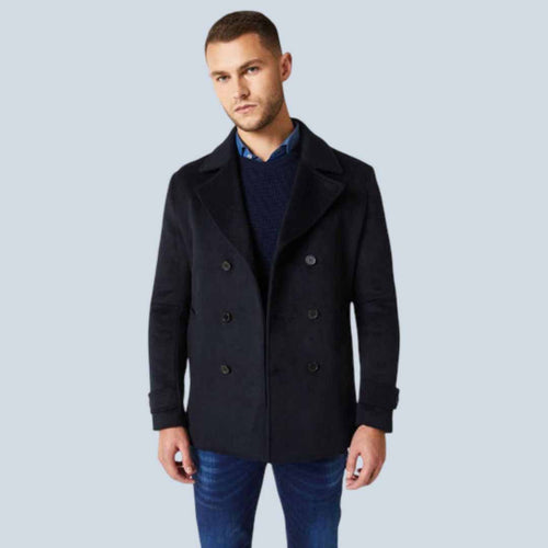 Men Black Wool Blend Peacoat with Recycled Lining