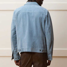 Load image into Gallery viewer, Men Blue Suede Leather Trucker Jacket
