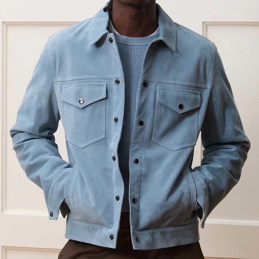 Men Blue Suede Leather Trucker Jacket