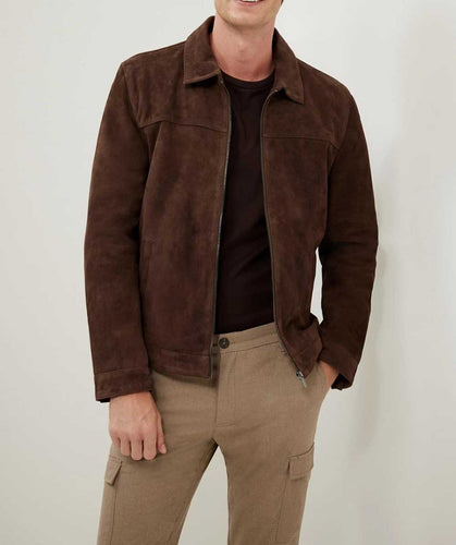 Men Brown Classic Motorcycle Style Suede Leather Racer Jacket
