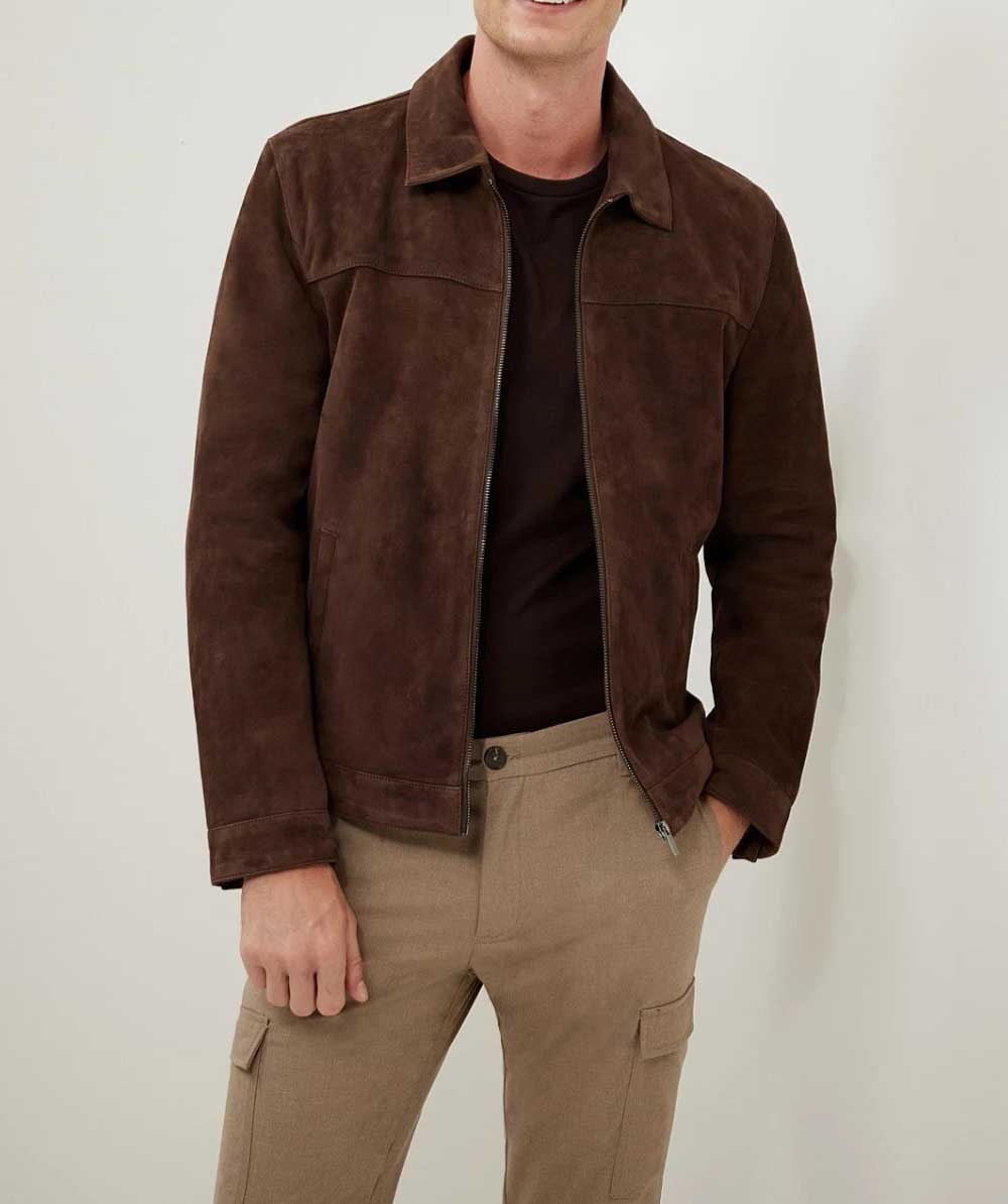 Men Brown Classic Motorcycle Style Suede Leather Racer Jacket