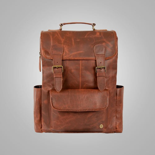 Men Brown Lambskin Leather Backpack with Waterproof Side Pockets