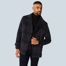 Load image into Gallery viewer, Men Dark Navy Wool Blend Peacoat with Check Pattern
