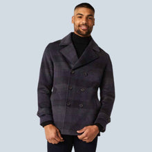 Load image into Gallery viewer, Men Dark Navy Wool Blend Peacoat with Check Pattern
