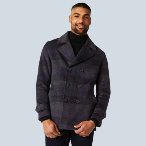 Men Dark Navy Wool Blend Peacoat with Check Pattern