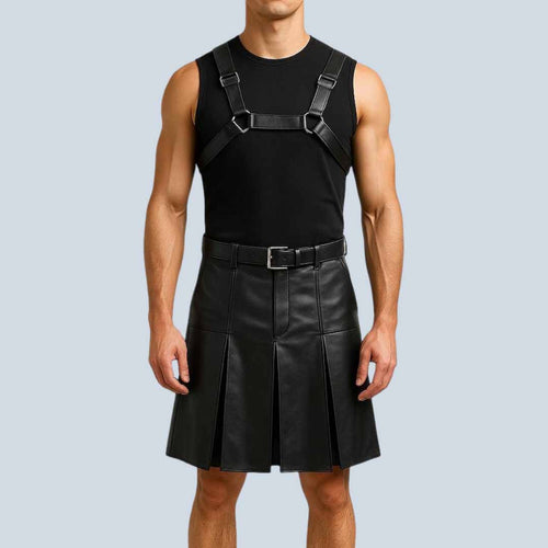 Men Gladiator Leather Kilt with Adjustable Chest Harness