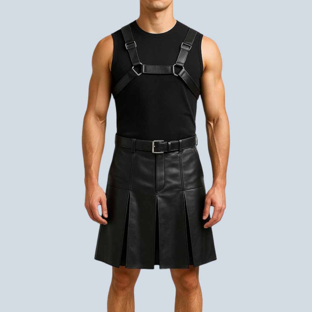 Men Gladiator Leather Kilt with Adjustable Chest Harness