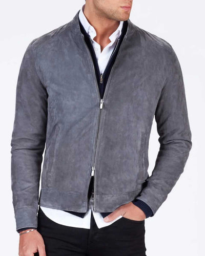 Men Gray Suede Leather Trucker Jacket