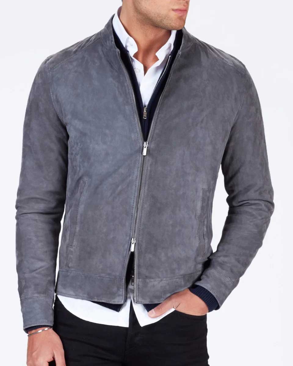 Men Gray Suede Leather Trucker Jacket