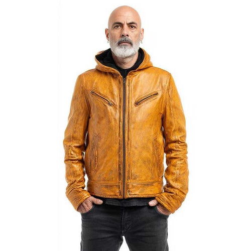 Men Mustard Yellow Leather Hoodie Vintage Distressed Jacket