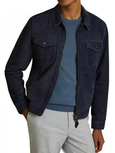 Men Navy Blue Suede Leather Jacket with Shirt Collar