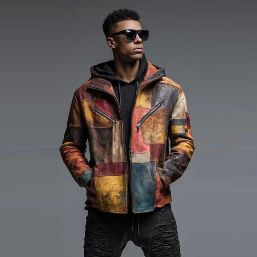 Men Patchwork Leather Hoodie Vintage Distressed Jacket