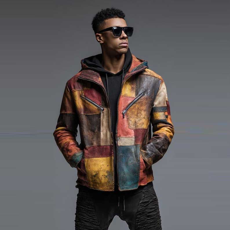 Men Patchwork Leather Hoodie Vintage Distressed Jacket