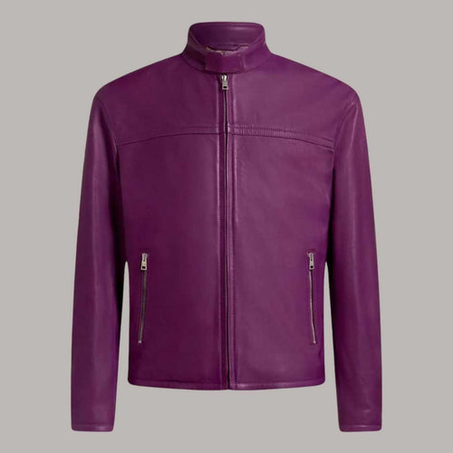 Men Purple Slim Fit Leather Biker Jacket