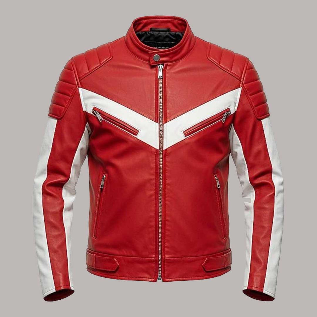 Men Red and White Leather Racing Jacket