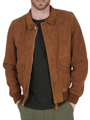Men Rust Suede Leather Jacket with Classic Collar