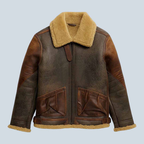 Men Shearling Aviator Jacket Brown B3 Bomber Leather Coat