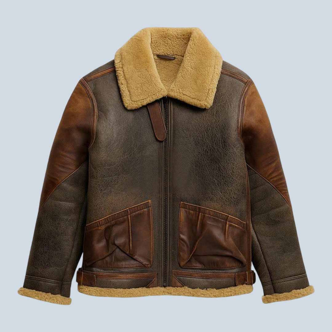 Men Shearling Aviator Jacket Brown B3 Bomber Leather Coat