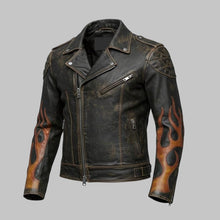 Load image into Gallery viewer, Men Black Distressed Flame Leather Biker Jacket
