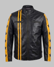 Load image into Gallery viewer, Men Black Leather Cafe Racer Jacket with Yellow Stripes and Star Sleeves
