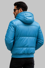Load image into Gallery viewer, Back View of Men Blue Leather Hooded Puffer Jacket
