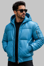 Load image into Gallery viewer, Front View of Men Blue Leather Hooded Puffer Jacket
