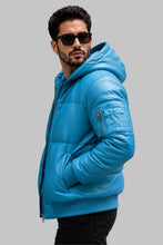 Load image into Gallery viewer, Side View of Men Blue Leather Hooded Puffer Jacket
