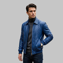 Load image into Gallery viewer, Men Blue Ostrich Embossed Leather Bomber Jacket
