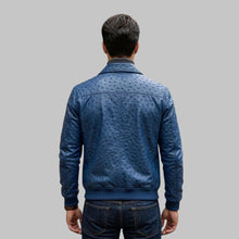 Load image into Gallery viewer, Men Blue Ostrich Embossed Leather Bomber Jacket
