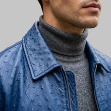 Load image into Gallery viewer, Close up view of Men Blue Ostrich Embossed Leather Bomber Jacket
