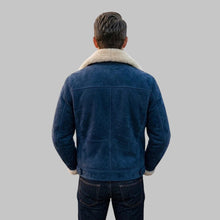 Load image into Gallery viewer, Back View of Men Blue Suede Shearling Leather Jacket
