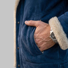 Load image into Gallery viewer, Side View of Men Blue Suede Shearling Leather Jacket
