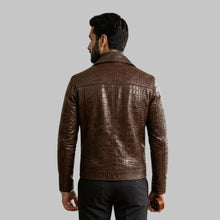 Load image into Gallery viewer, Back View of Men Brown Crocodile Embossed Genuine Leather Jacket
