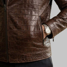 Load image into Gallery viewer, Close up of Men Brown Crocodile Embossed Genuine Leather Jacket
