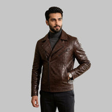 Load image into Gallery viewer, Front View of Men Brown Crocodile Embossed Genuine Leather Jacket
