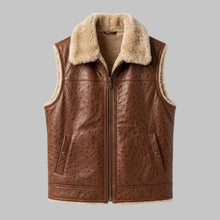 Load image into Gallery viewer, Men Brown Ostrich Embossed Shearling Leather Vest
