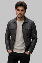 Load image into Gallery viewer, Front View of Men Classic Dark Gray Leather Trucker Jacket

