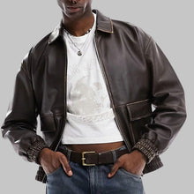Load image into Gallery viewer, Men Dark Brown Distressed Oversized Leather Bomber Jacket
